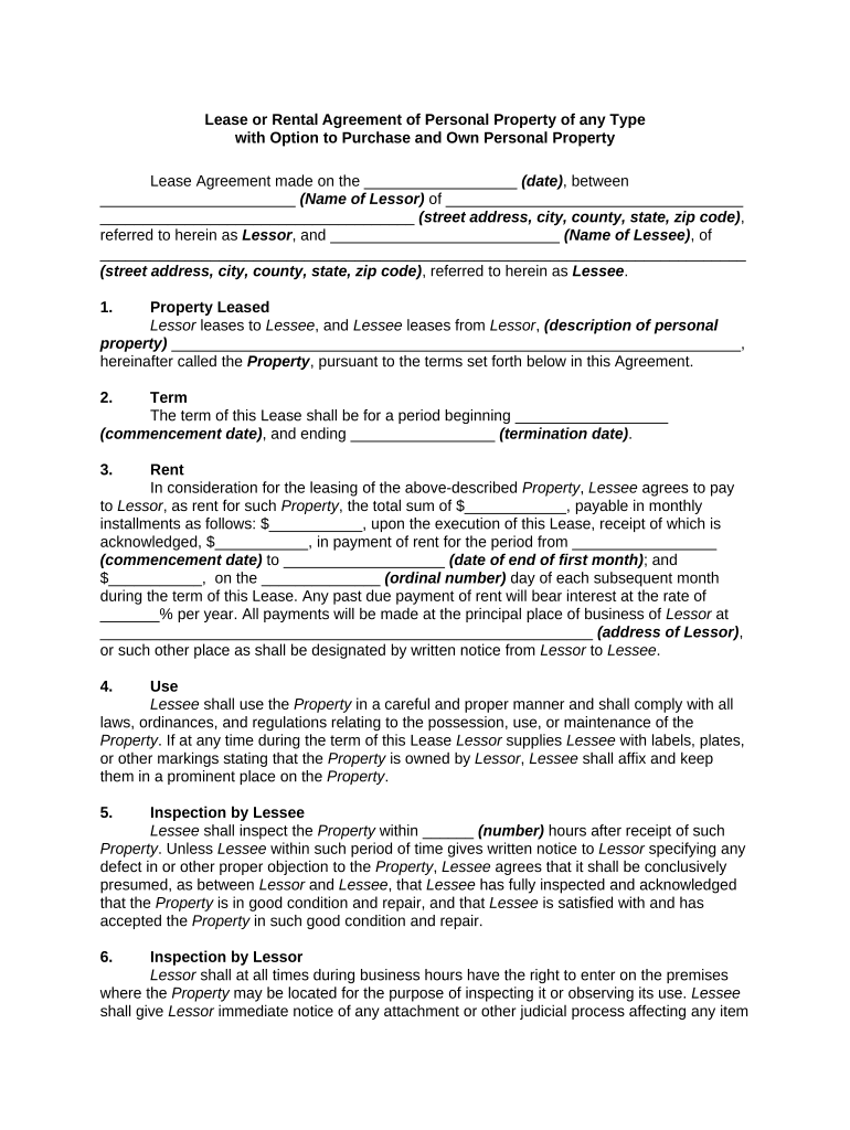 Lease or Rental Agreement of Personal Property of Any Type with Option to Purchase and Own Personal Property Lease or Rent to Ow  Form