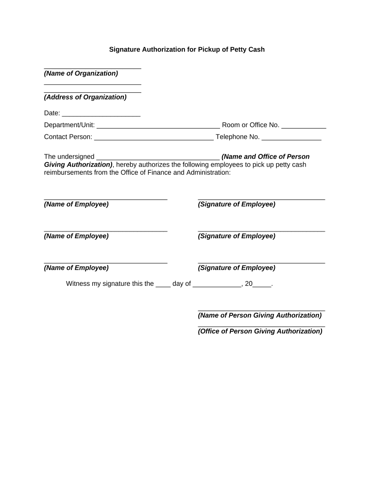 Signature Authorization for Pickup of Petty Cash  Form