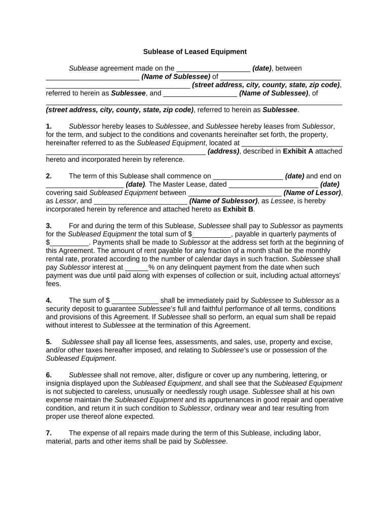 Sublease of Leased Equipment  Form