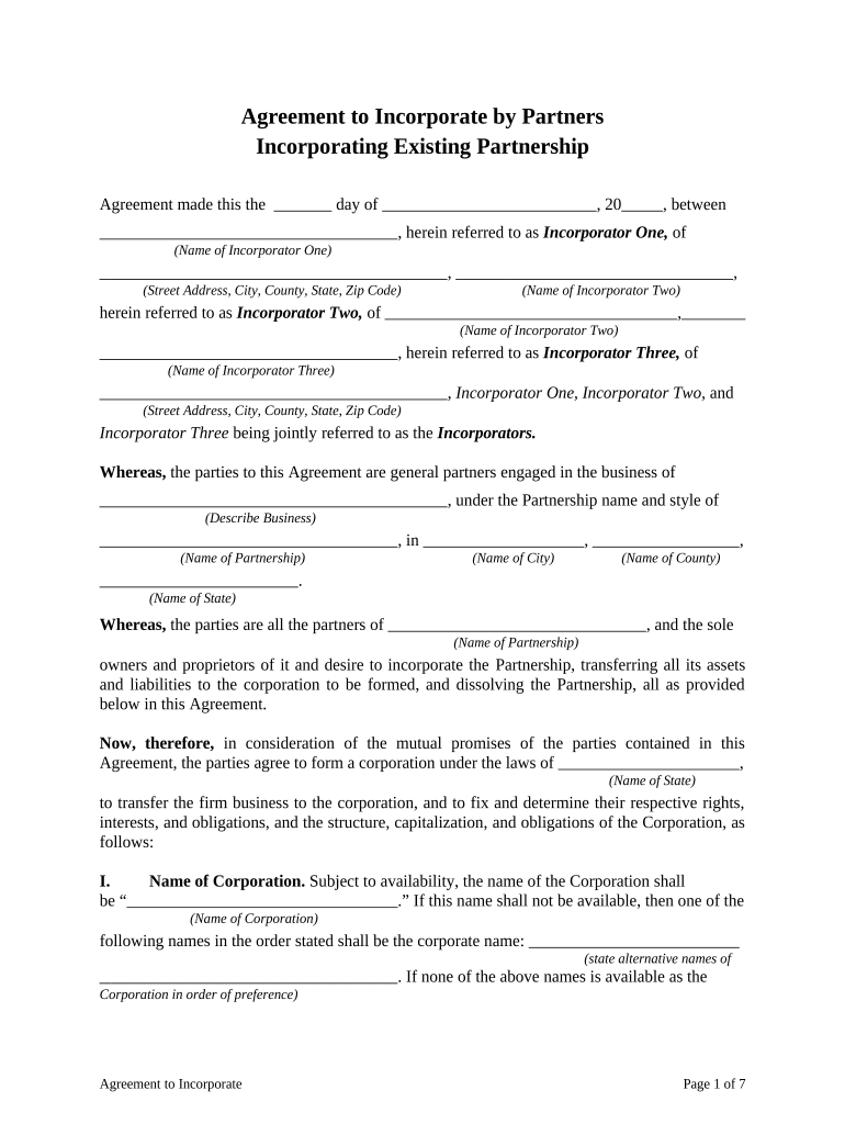 Agreement to Incorporate by Partners Incorporating Existing Partnership  Form