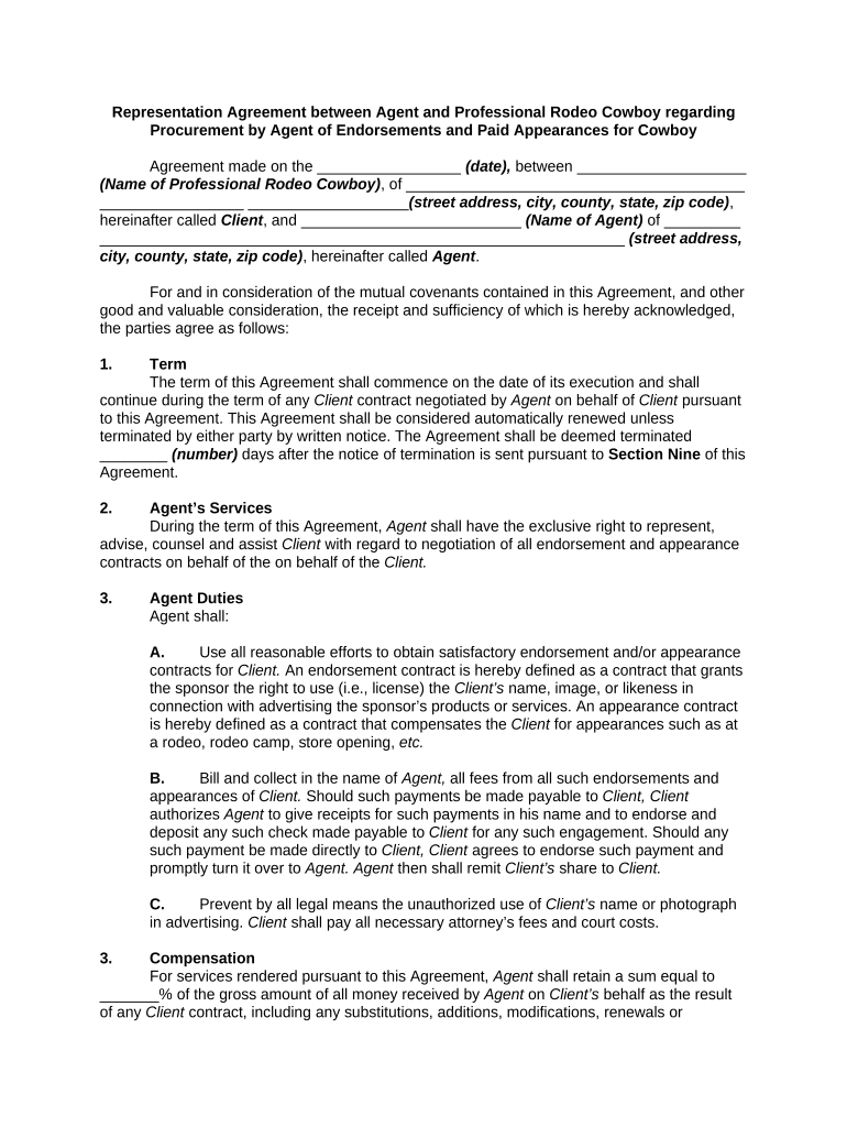 Representation Agreement between Agent and Professional Rodeo Cowboy Regarding Procurement by Agent of Endorsements and Paid App  Form