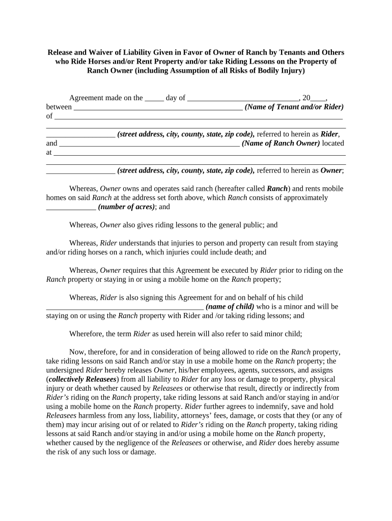 Release and Waiver of Liability Given in Favor of Owner of Ranch by Tenants and Others Who Ride Horses Andor Rent Property Andor  Form