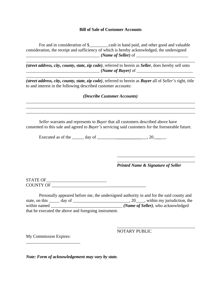 Bill of Sale of Customer Accounts  Form