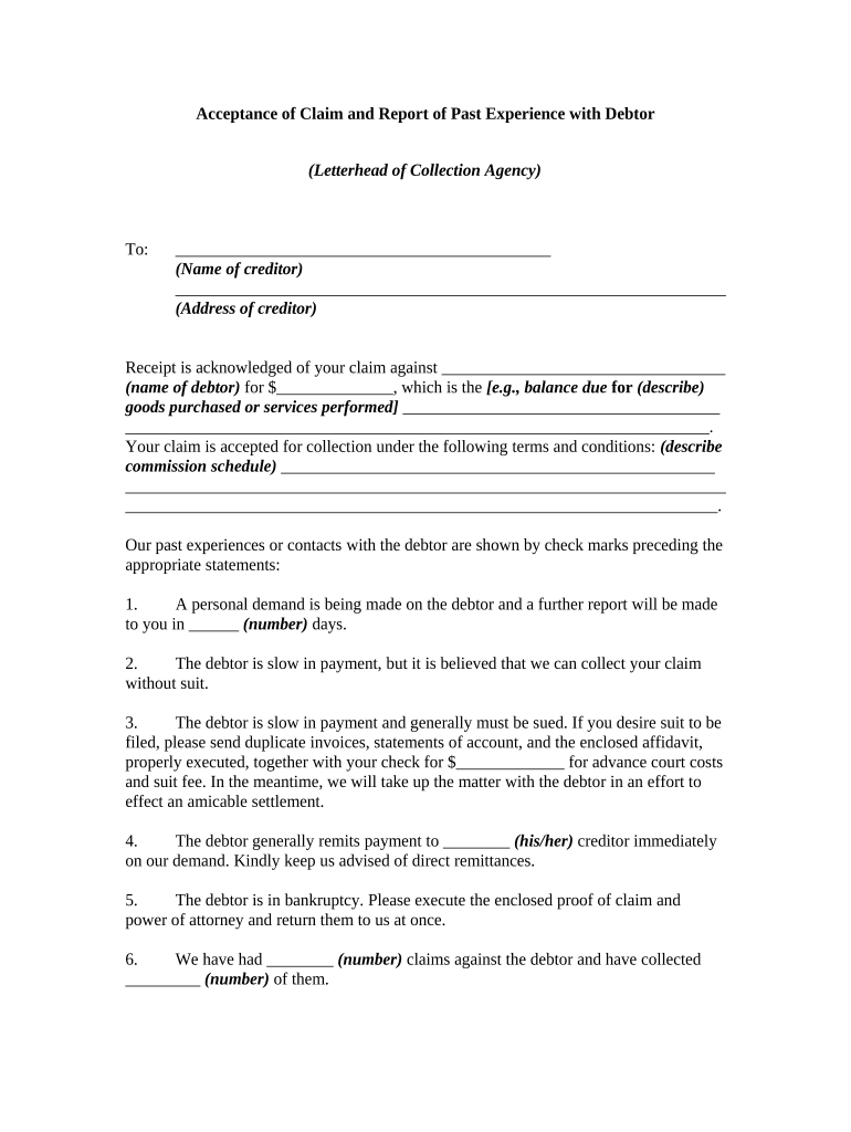 Acceptance of Claim and Report of Past Experience with Debtor  Form