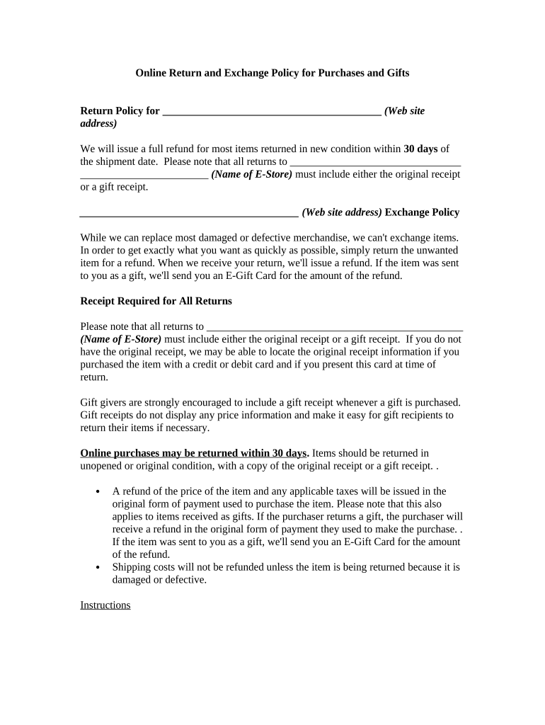 Online Return and Exchange Policy for Purchases and Gifts  Form