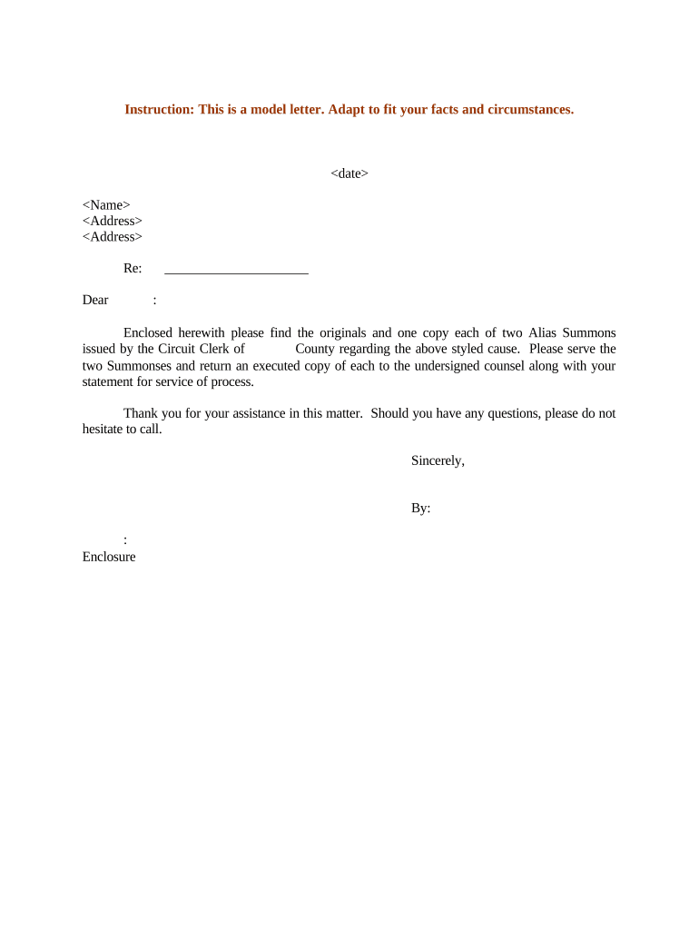 Sample Letter for Alias Summonses  Form