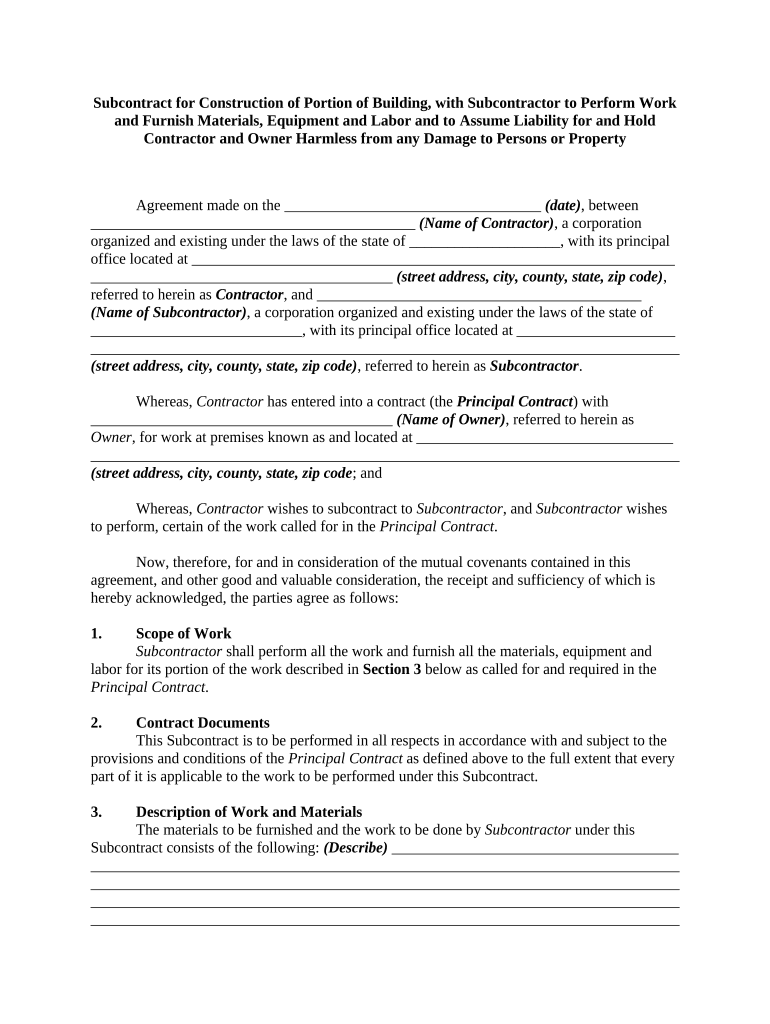 Subcontract for Construction of Portion of Building, with Subcontractor to Perform Work and Furnish Materials, Equipment and Lab