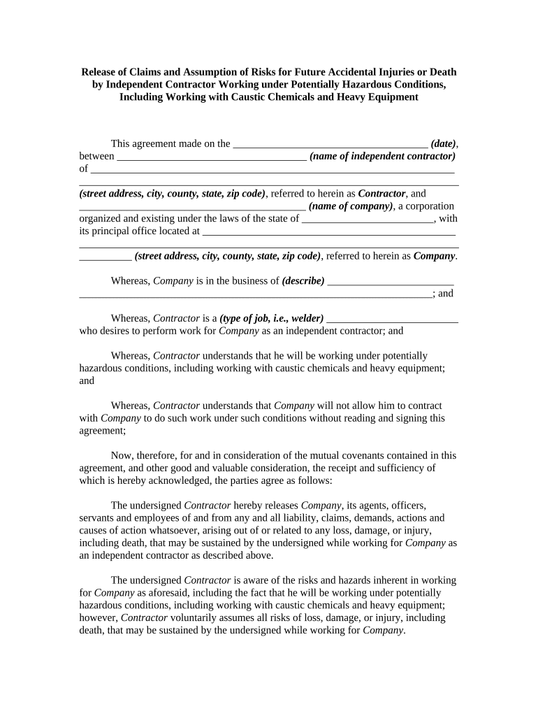 Release of Claims and Assumption of Risks for Future Accidental Injuries or Death by Self Employed Independent Contractor Workin  Form