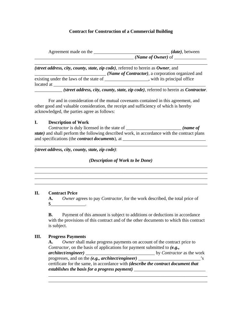 Contract for Construction of a Commercial Building  Form