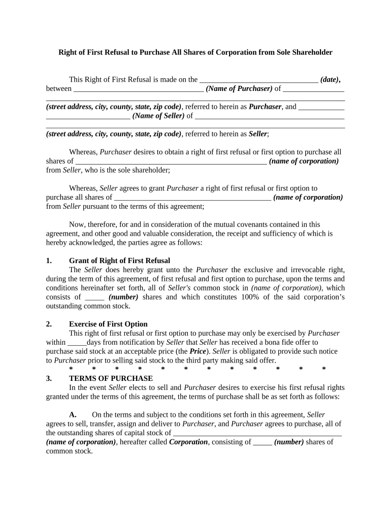 Right First Refusal Purchase  Form