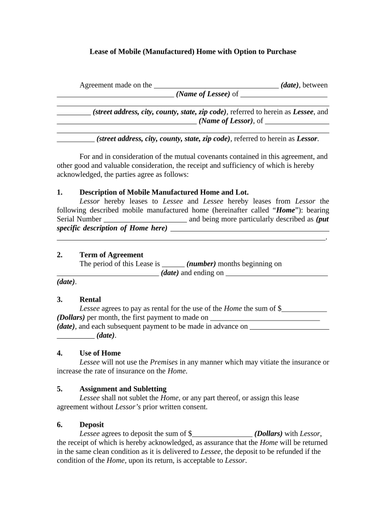 Lease or Rental Agreement of Mobile or Manufactured Home with Option to Purchase and Own Lease or Rent to Own  Form