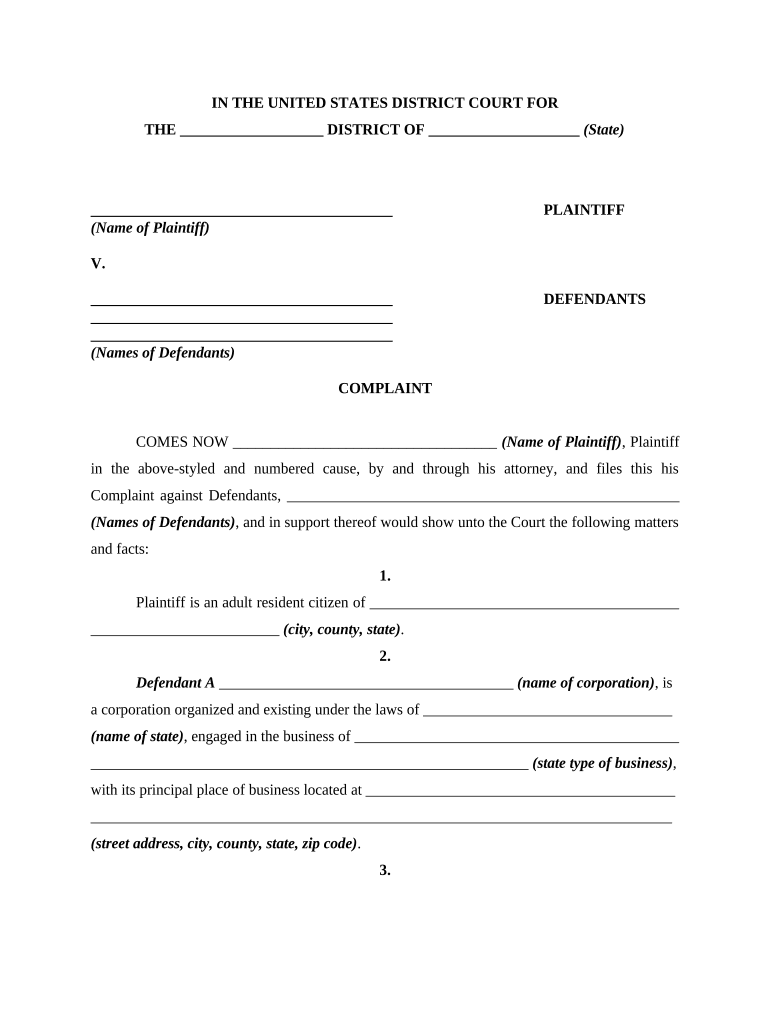 Fill and Sign the Complaint in Federal Court for Conspiracy to Interfere with the Civil Rights of Plaintiff Rico and Legal Malpractice Form