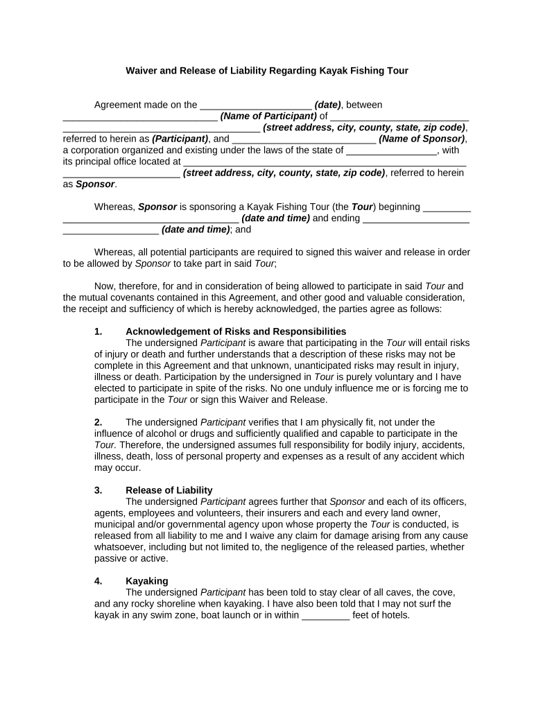 Waiver Release Liability Kayak  Form