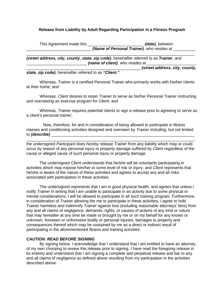 Fitness Waiver  Form