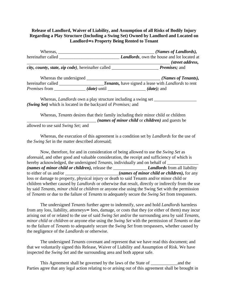 Release of Landlord, Waiver of Liability, and Assumption of All Risks of Personal Bodily Injury Regarding a Play Structure Inclu  Form