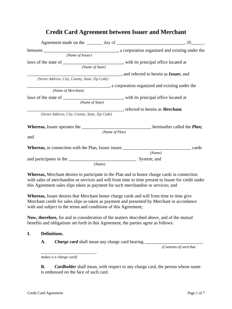 Credit Card Agreement between Issuer and Merchant  Form