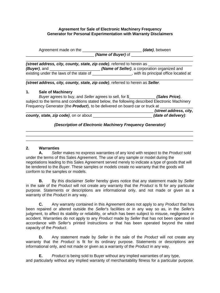 Agreement Sale Machinery  Form