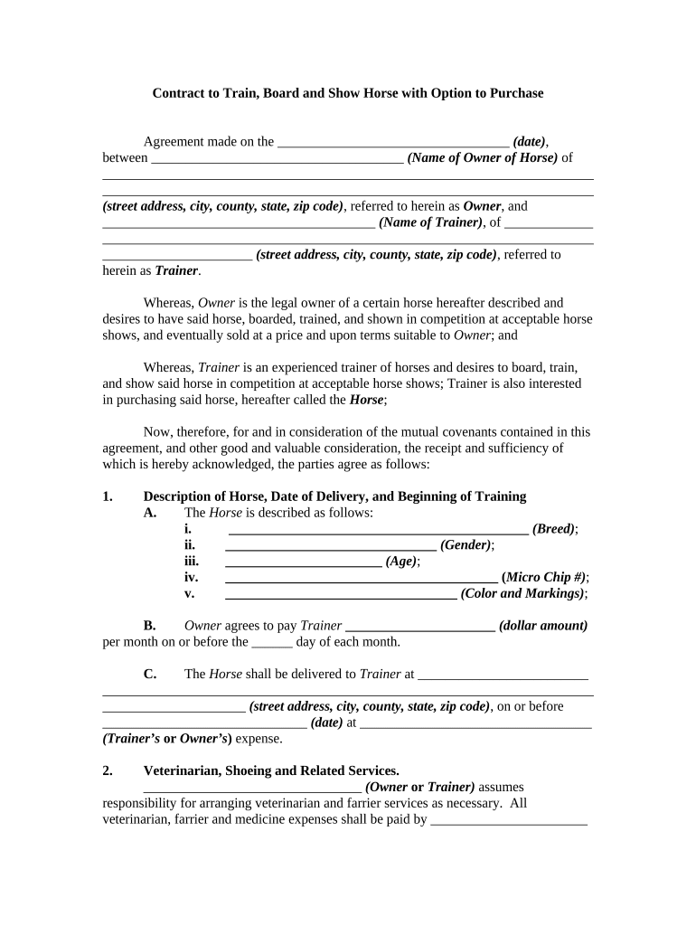 Contract to Train, Board and Show Horse with Option to Purchase  Form