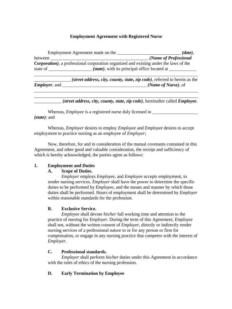 Employment Agreement with Registered Nurse  Form