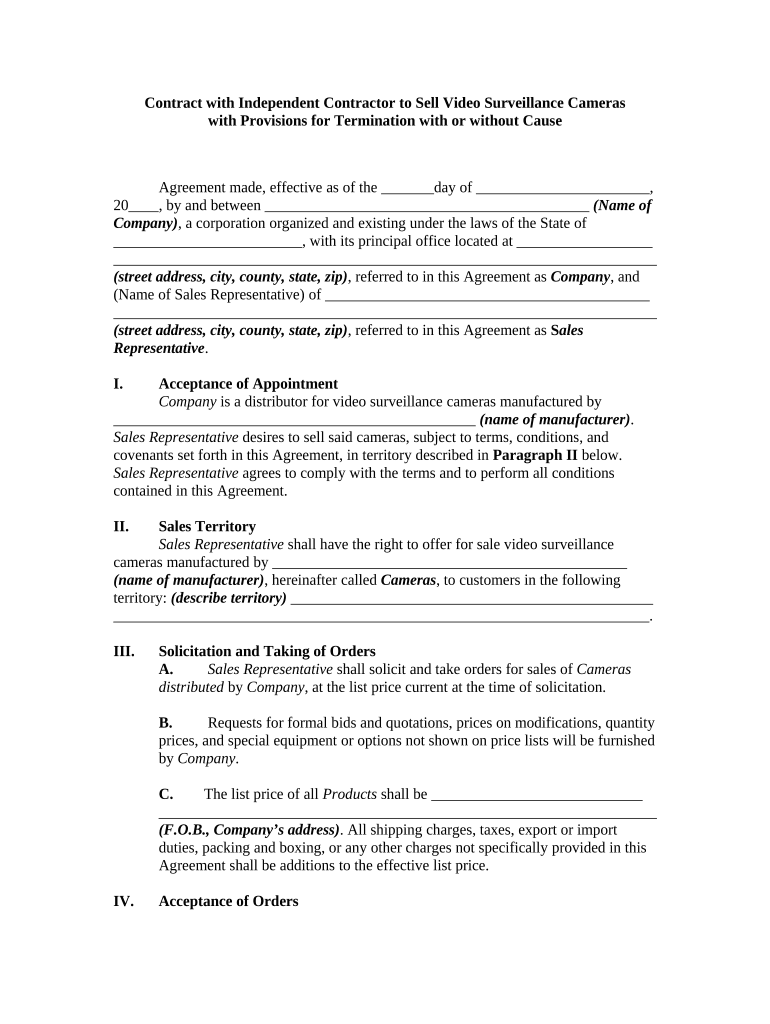 Contract with Self Employed Independent Contractor to Sell Video Surveillance Cameras with Provisions for Termination with or Wi  Form