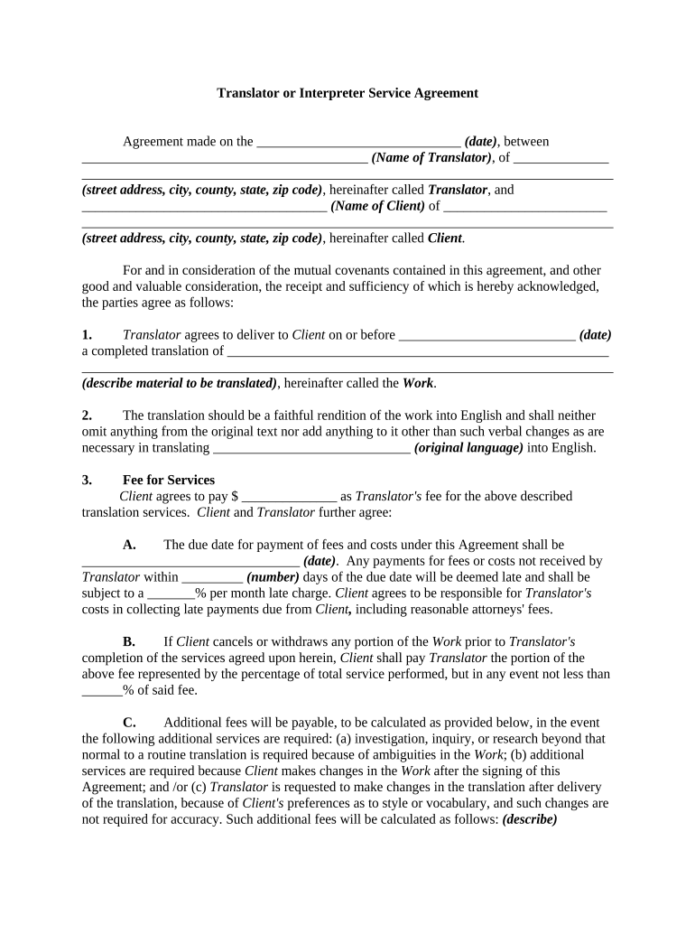 Translator or Interpreter Service Agreement  Form