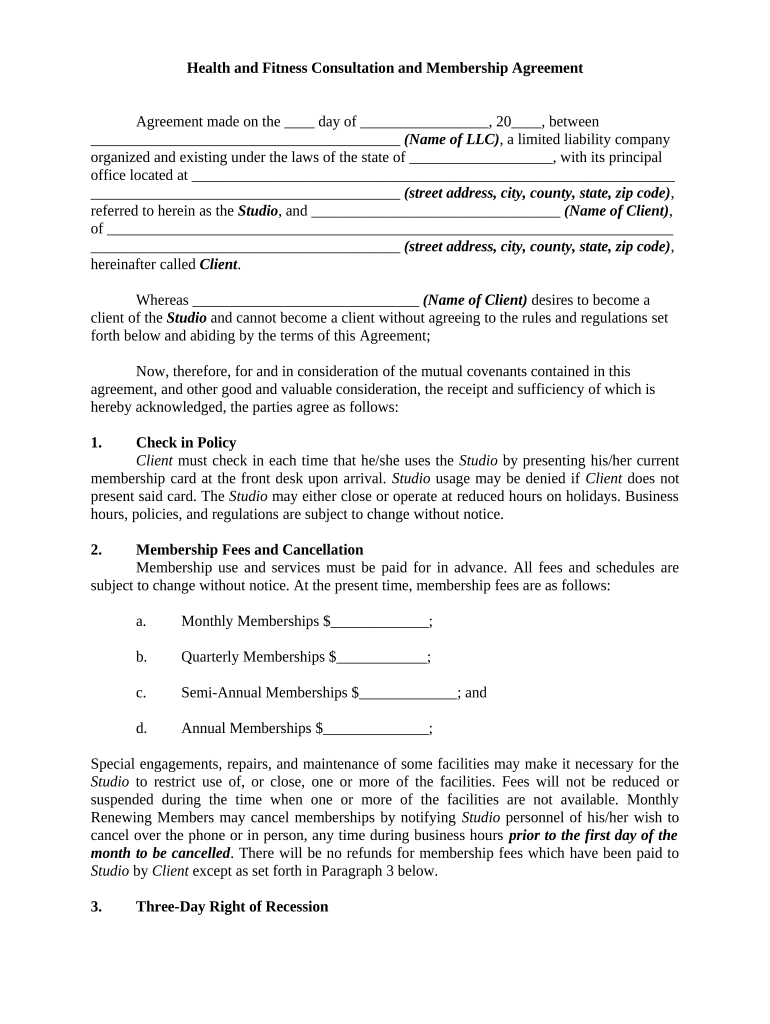 Fitness Membership Agreement  Form