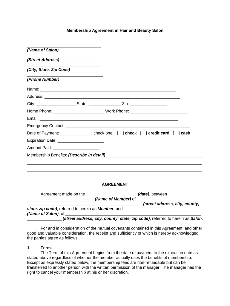 Membership Agreement Template  Form
