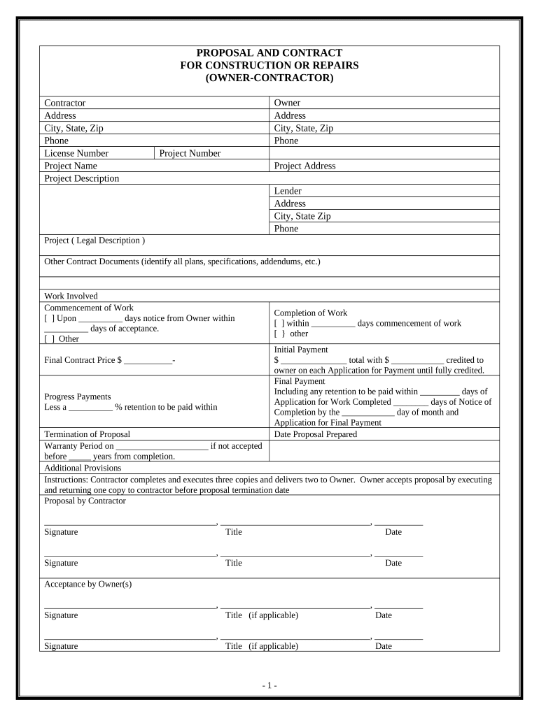 Proposal and Contract for Construction or Repairs by Contractor  Form