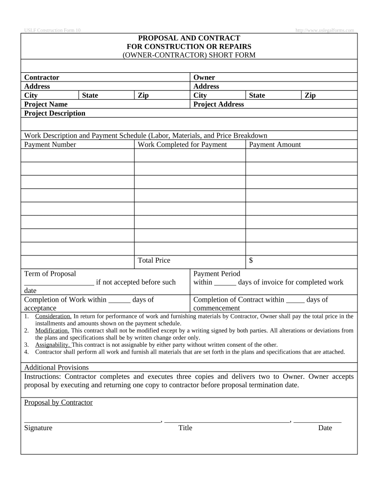 Proposal and Contract for Construction or Repairs by Contractor Simple  Form