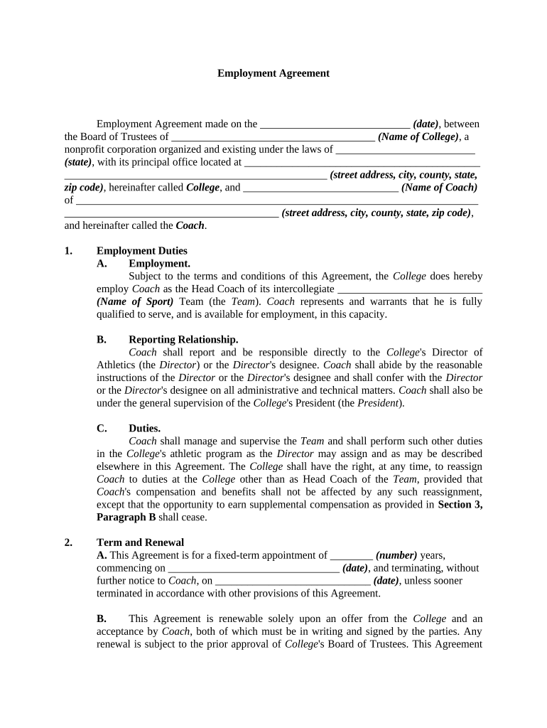 Employment Contract between College and Coach of College Sports Team  Form