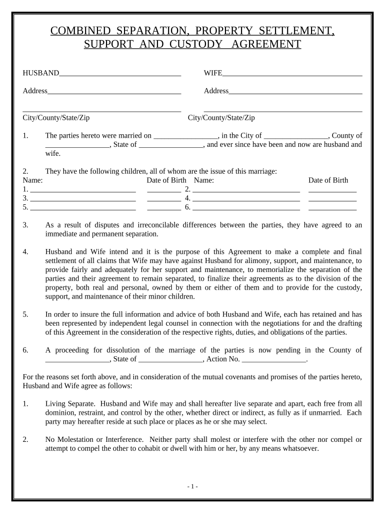 Separation Agreement, Property Settlement, Support and Custody Agreement  Form