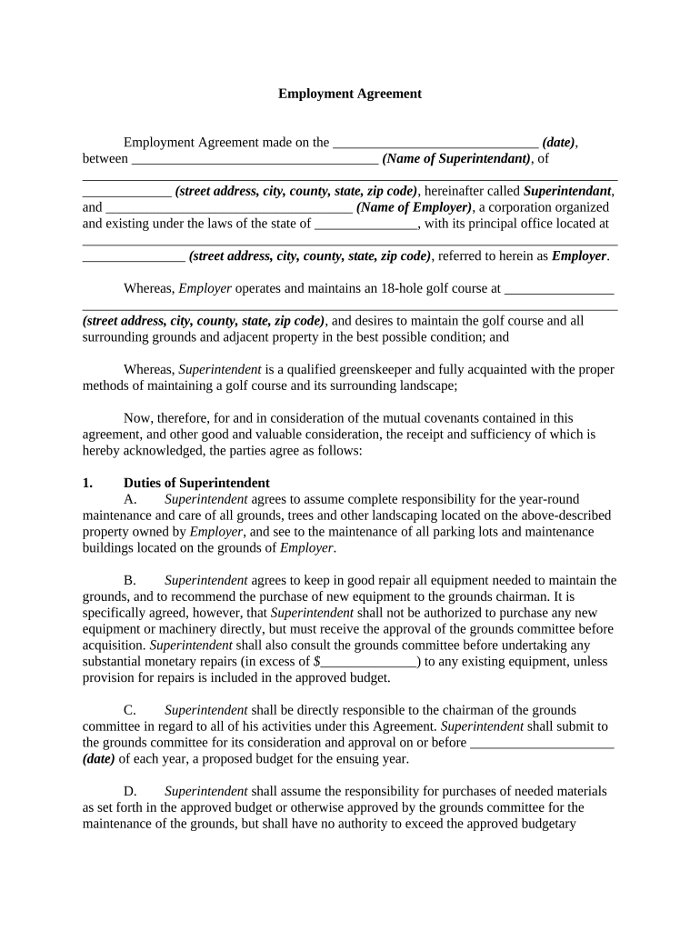 Contract of Employment with Golf Course Superintendent  Form
