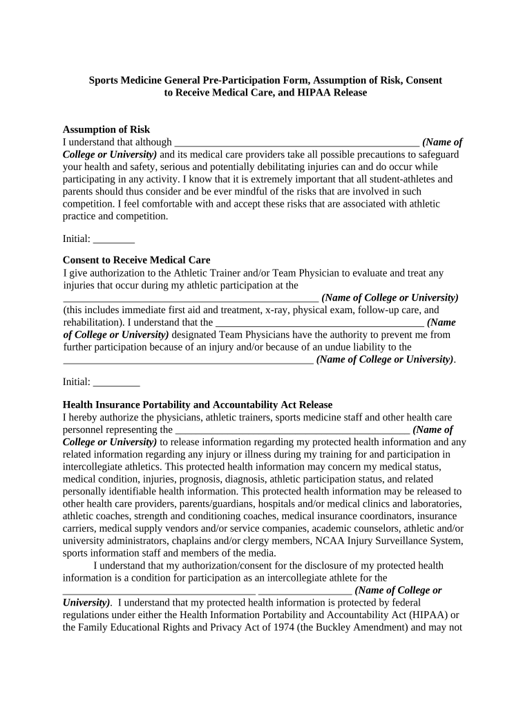 Sports Medicine General Pre Participation Form, Assumption of Risk, Consent to Receive Medical Care, and HIPAA Release