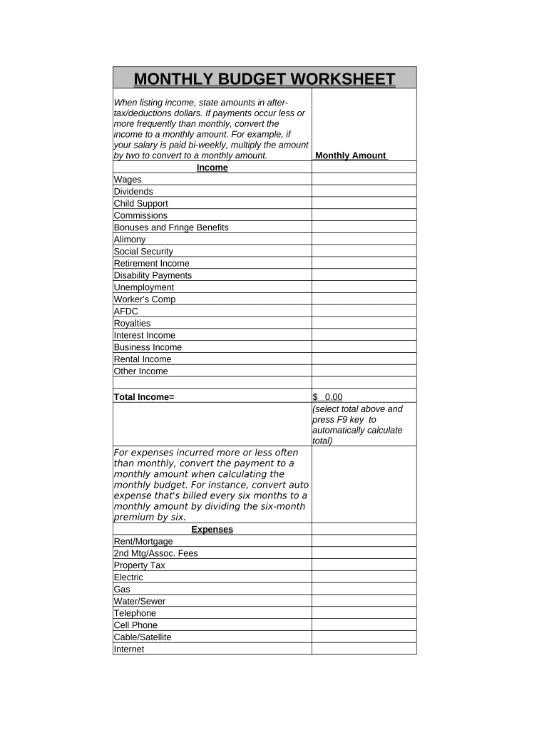 Personal Monthly Budget Worksheet  Form