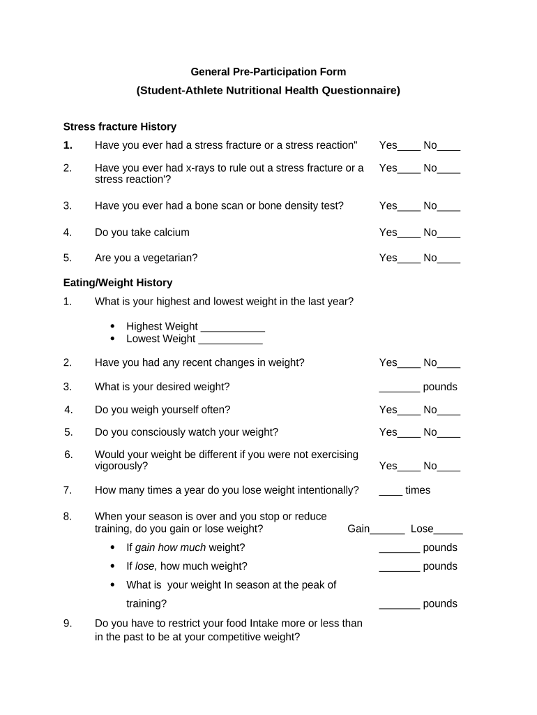 General Pre Participation Form for Student Athlete Nutritional Health Questionnaire