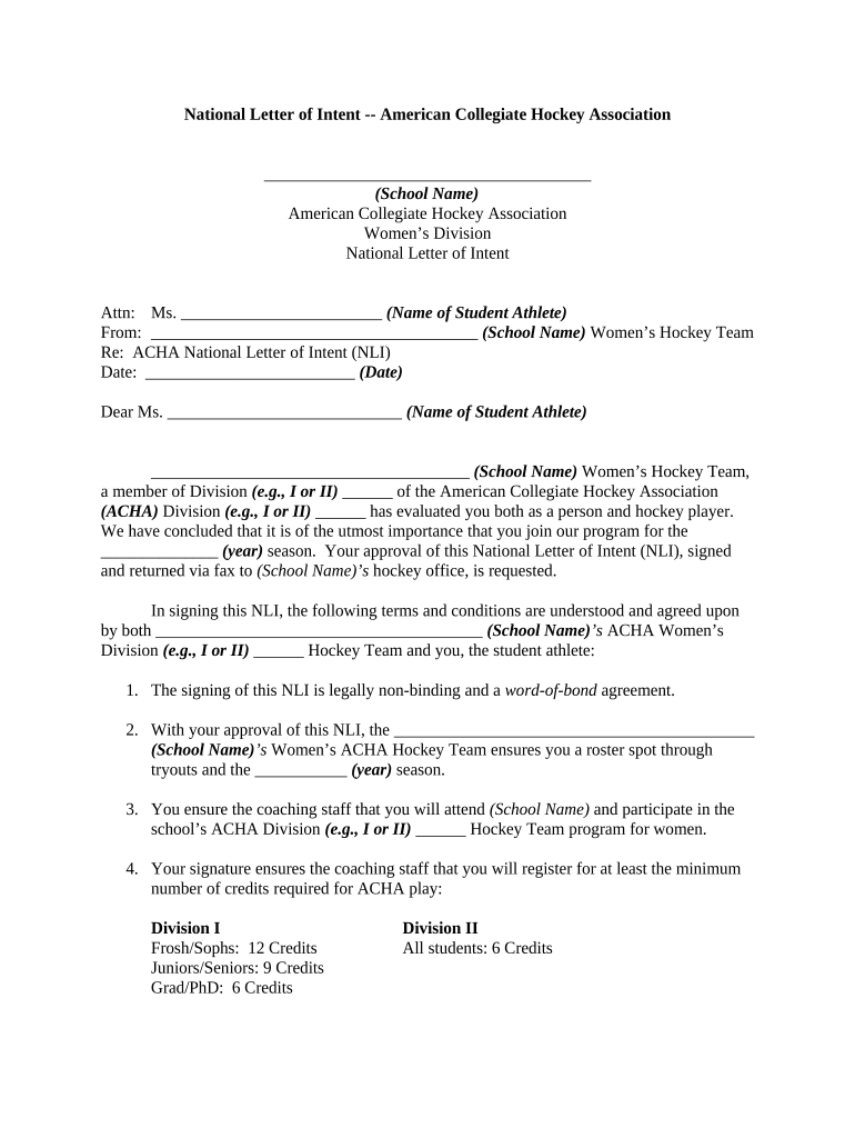 Fill and Sign the National Letter of Intent American Collegiate Hockey Association 497330515 Form