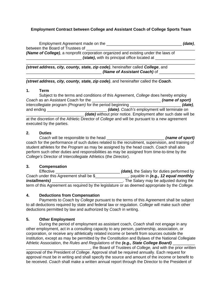 Employment Contract between College and Assistant Coach of College Sports Team  Form