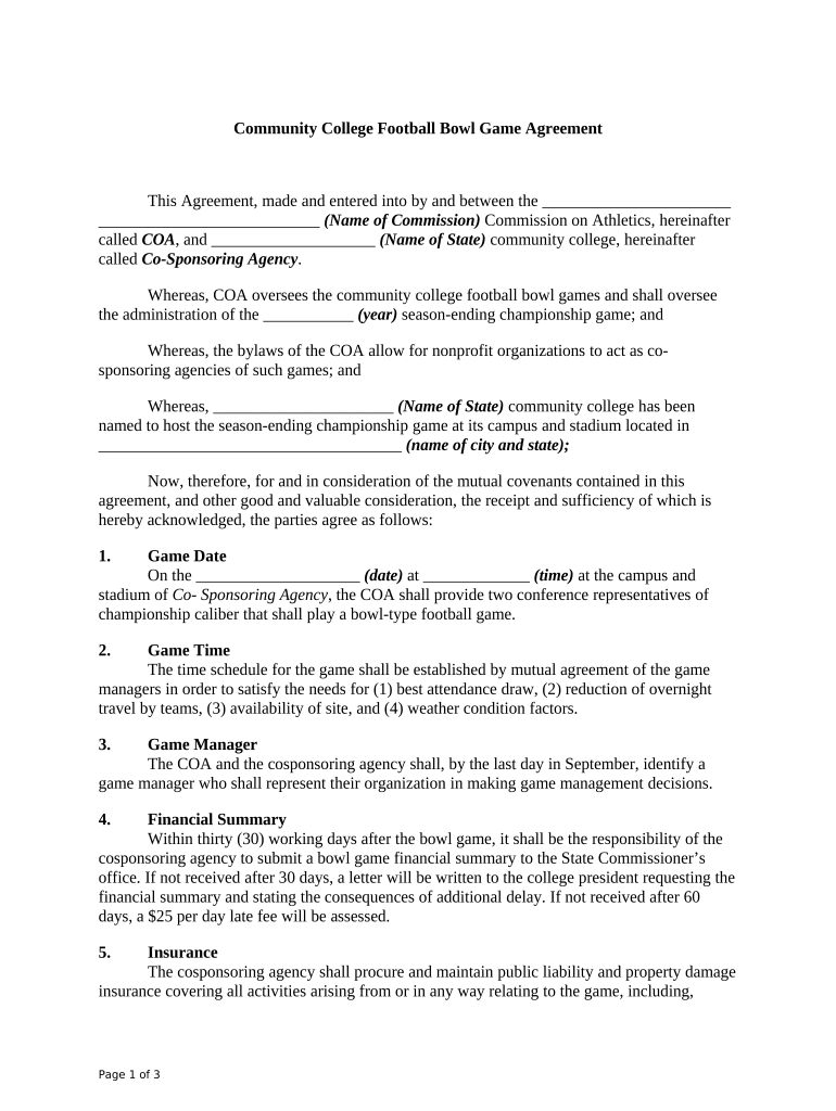 Community College Football Bowl Game Agreement  Form