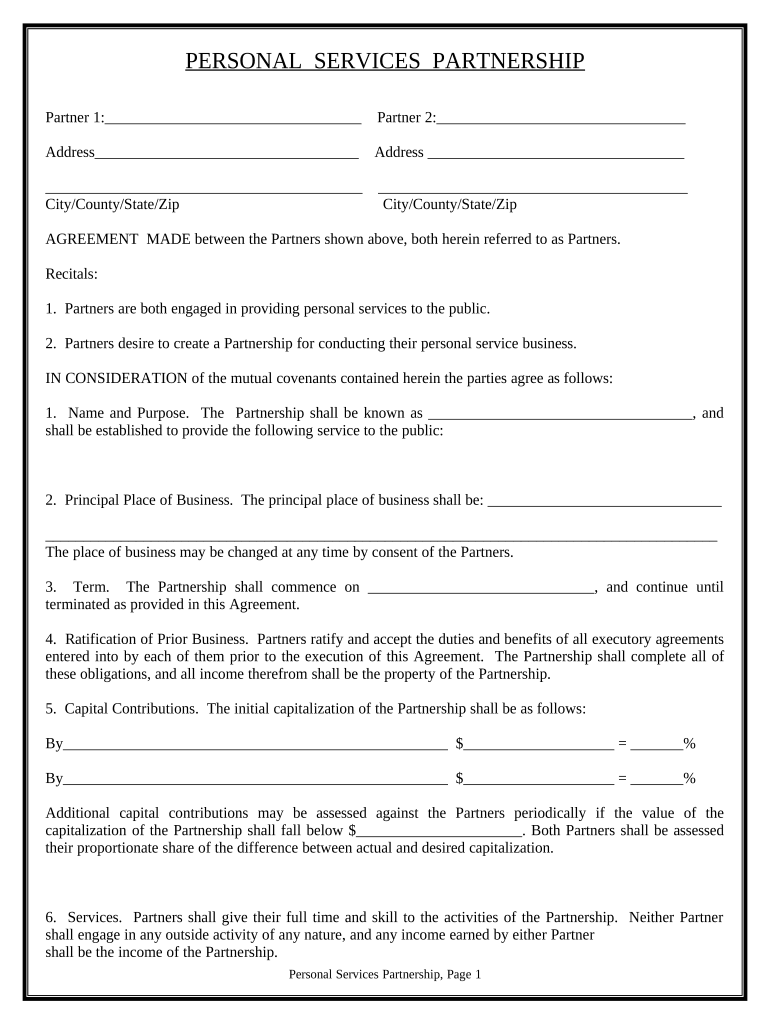 Personal Services Partnership Agreement  Form