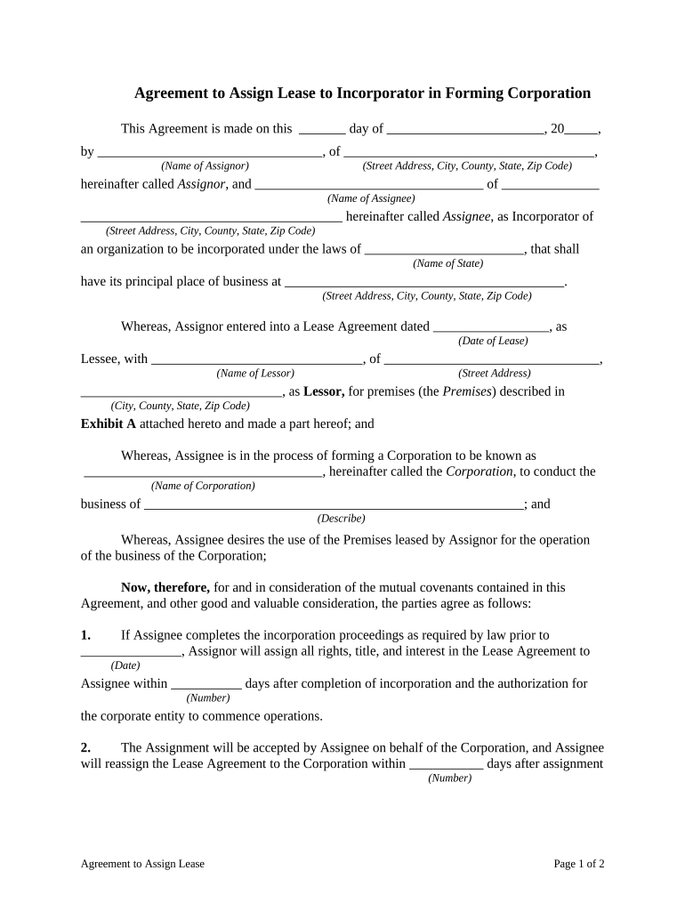 Agreement Assign Lease  Form