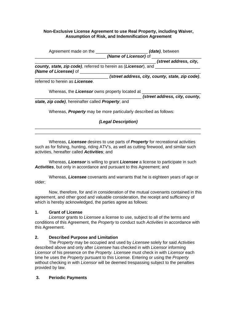 Non Exclusive License Agreement to Use Real Property, Including Waiver, Assumption of Risk, and Indemnification Agreement  Form