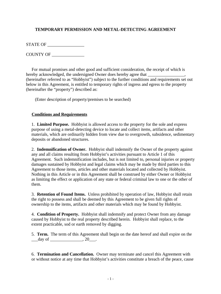 Metal Detecting Agreement  Form