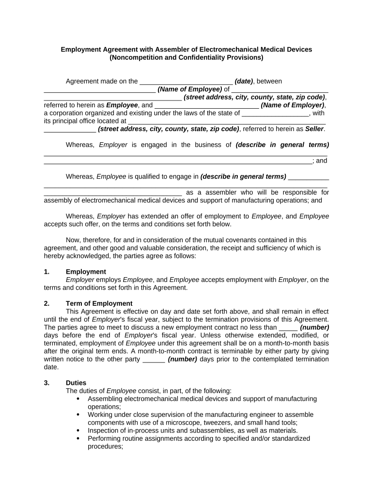 Employment Agreement with Assembler of Electromechanical Medical Devices Noncompetition and Confidentiality Provisions  Form