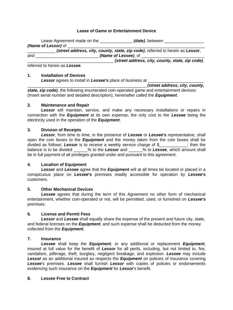 Lease of Game or Entertainment Device  Form