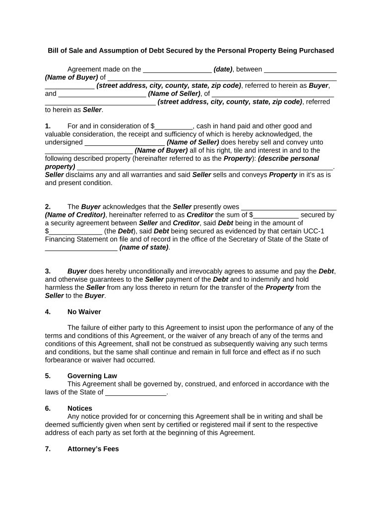 Bill of Sale and Assumption of Debt Secured by the Personal Property Being Purchased  Form