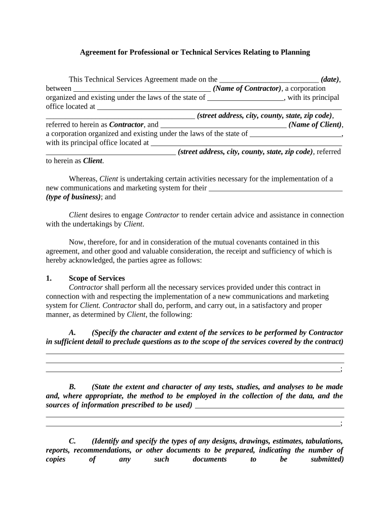 Agreement for Professional or Technical Services Relating to Planning  Form