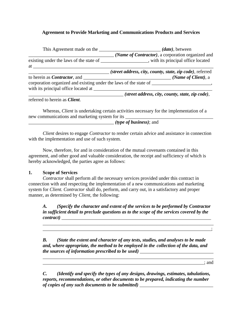Agreement to Provide Marketing and Communications Products and Services Marketing Consultant  Form