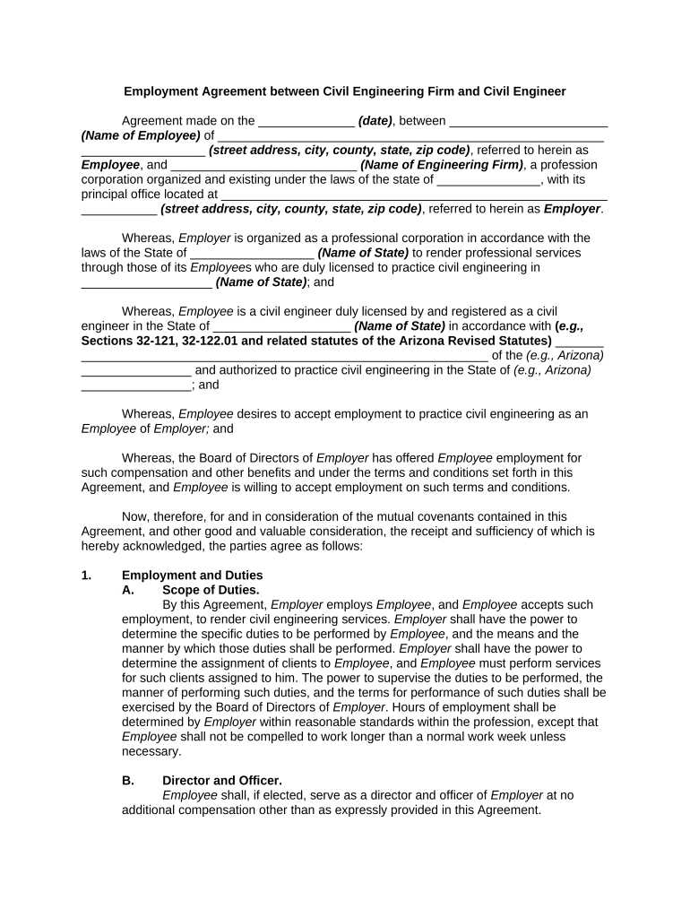 Employment Agreement between Civil Engineering Firm and Civil Engineer  Form