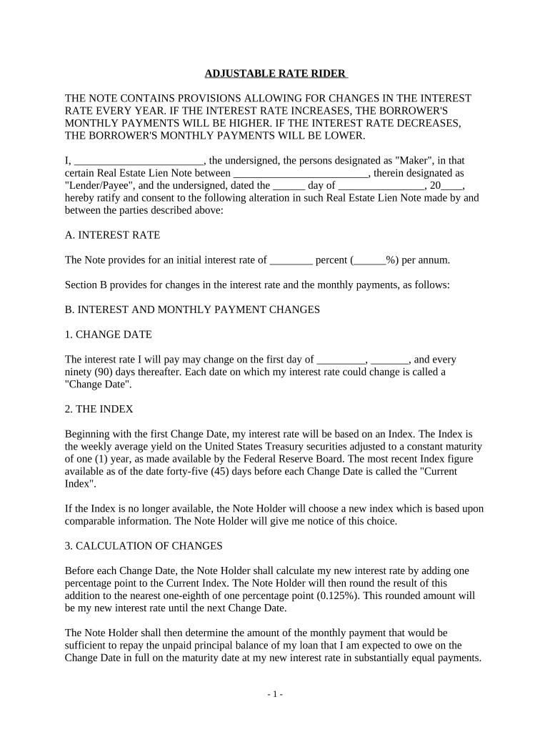 Adjustable Rate Rider Variable Rate Note  Form