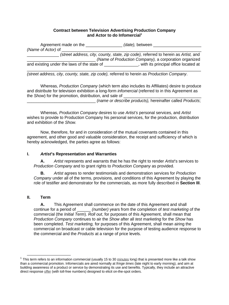 Contract between Production Company Actor  Form